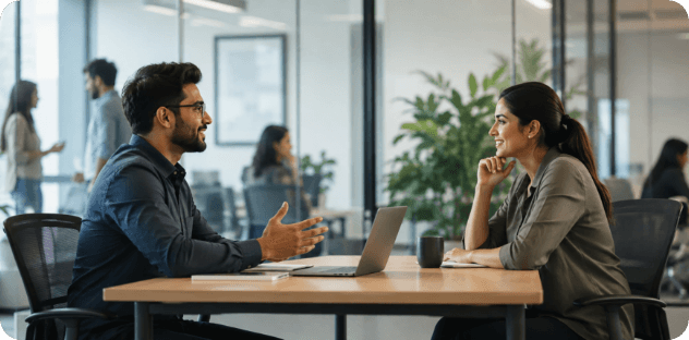 An employee and manager talking across a desk in an open office