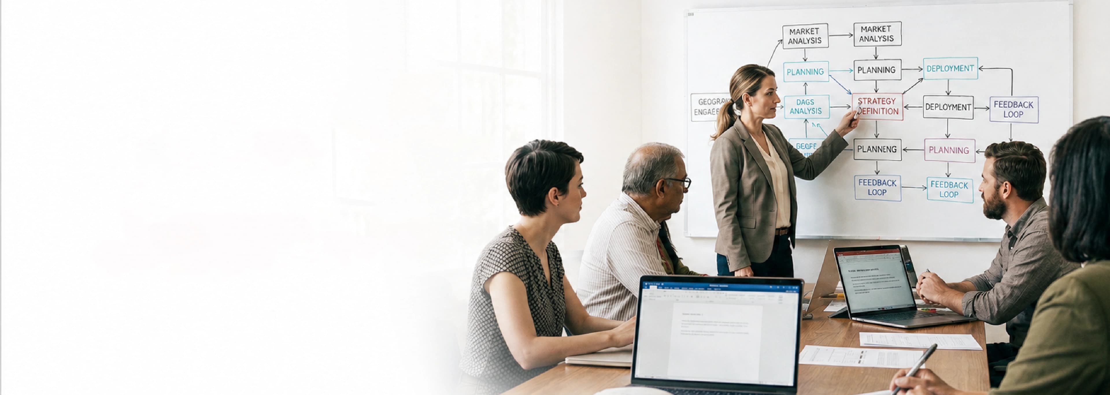 A team reviewing a business-process planning diagram on a whiteboard