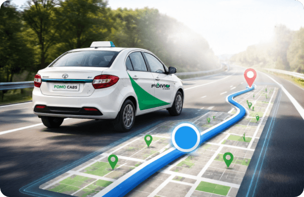 A FOMO Cabs vehicle on a highway with a GPS route overlay