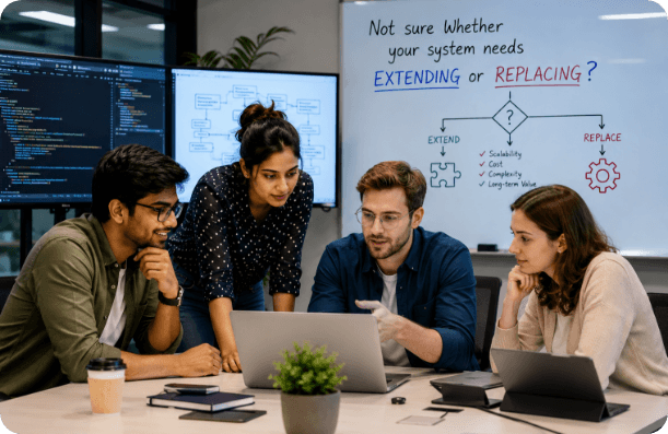 Colleagues at a laptop in front of a whiteboard reading “Not sure whether your system needs EXTENDING or REPLACING?”
