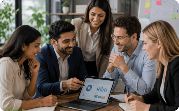 A team reviewing analytics on a laptop together