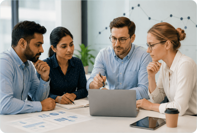 Four colleagues working through a plan together at a table