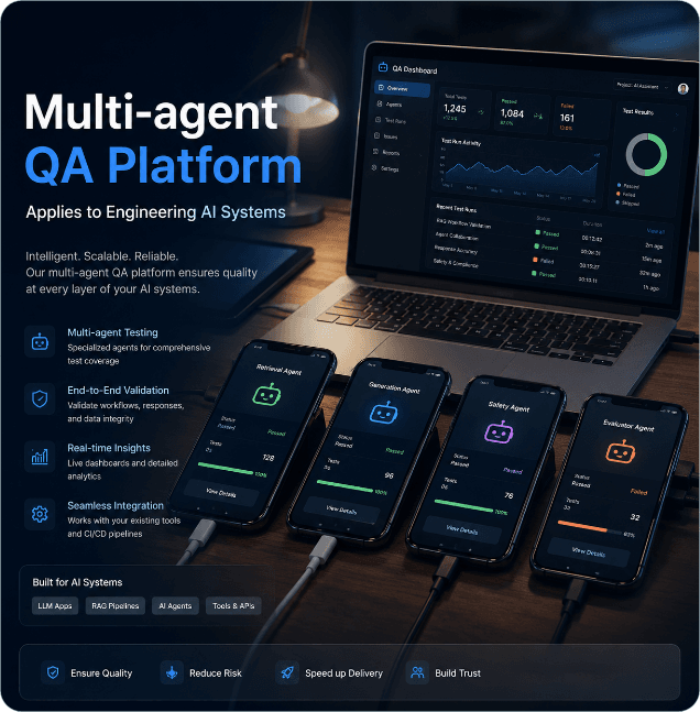 The Multi-agent QA Platform dashboard shown across a laptop and phones