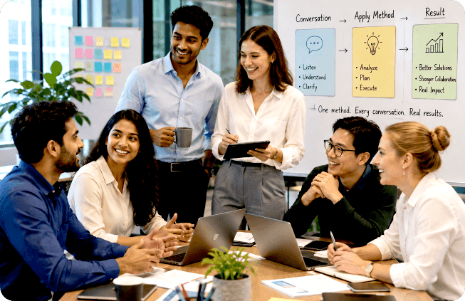 A team talking through a whiteboard that reads: Conversation, Apply Method, Result — one method, every conversation, real results