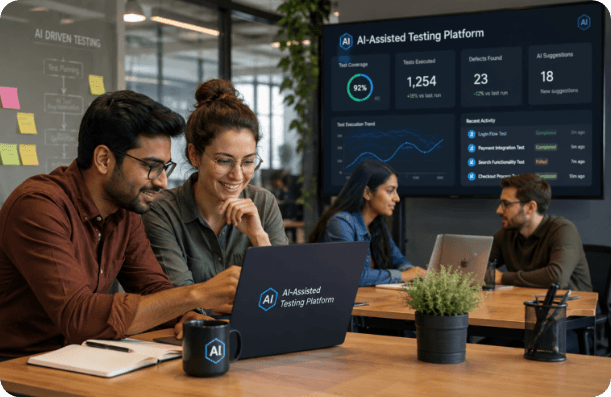 Two colleagues watching the AI-Assisted Testing Platform dashboard on a laptop and wall screen