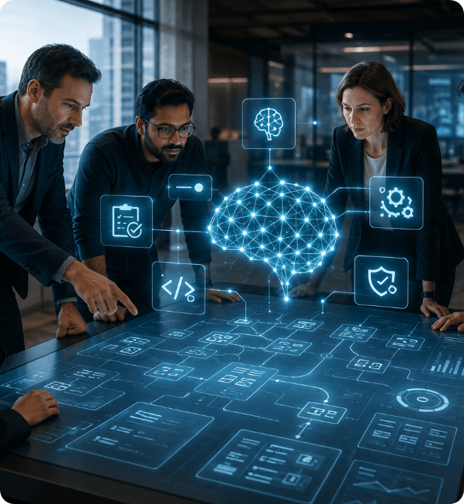 Engineers around a table reviewing an AI-generated system map with a glowing brain hologram